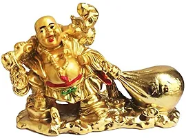 RIPE INDIA ? Porcelain Vastu Feng Shui Laughing Buddha Drag The Money Potli Showpiece 10 cm, Multi-thumb2