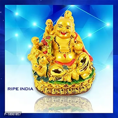 RIPE INDIA ? Polyresin Laughing Buddha with Children for Health Wealth and Happiness Showpiece (Golden, Standard)-thumb2