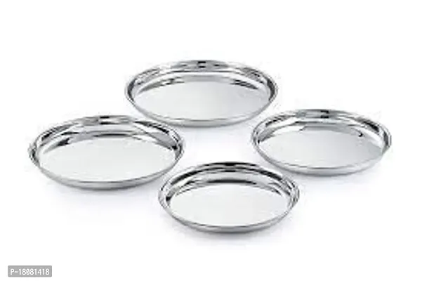 Stainless Steel Dinner Plate Thali  4 Pcs  Silver  22 Heavy Gauge Thali Dish for Daily use for LunchDinner Also for Gift-thumb0