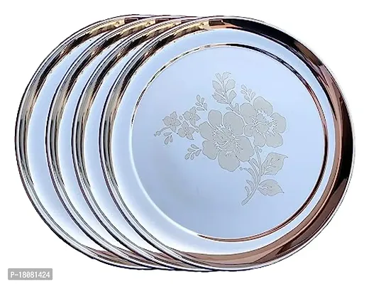 Stainless Steel Lazer Design Dinner Plate Set of 4 Full Size Plate Diamm. 29.5 CM with Floral Design-thumb0