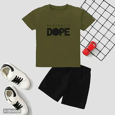 Elegant Olive Cotton Blend Printed T-Shirts with Shorts For Kids-thumb0