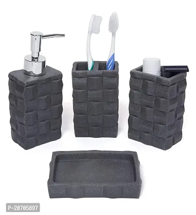 Zahab Ceramic Black Stone Bathroom Accessories Set of 4pcs- Lotion Dispenser, Toothbrush Holder, Soap Dish, Tumbler Holder-thumb0