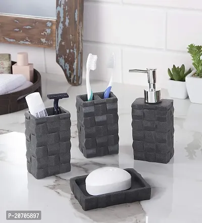 Zahab Ceramic Black Stone Bathroom Accessories Set of 4pcs- Lotion Dispenser, Toothbrush Holder, Soap Dish, Tumbler Holder-thumb4