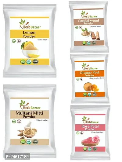 Herb Bazaar Combo Of 5 Lemon Powder Multani Mutti Powder Sandal Wood Powder Oarnge Peel Powder Rose Petal