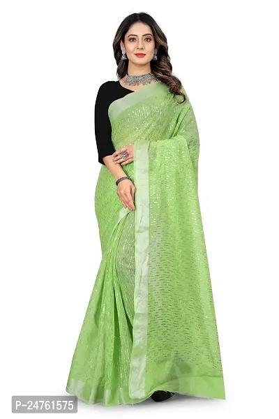 JVP TRENDS Women's Embrodereid Chanderi Cotton Classic Printed Saree with Unstitched Blouse (Vairag-Green)-thumb0
