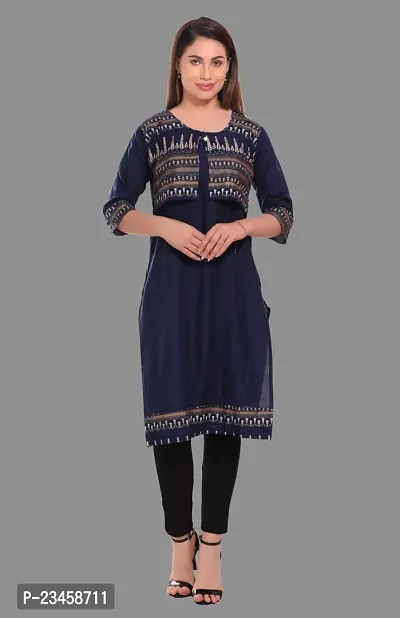 Kritya Women's Foil Print Straight Kurti With Jacket-Navy Blue