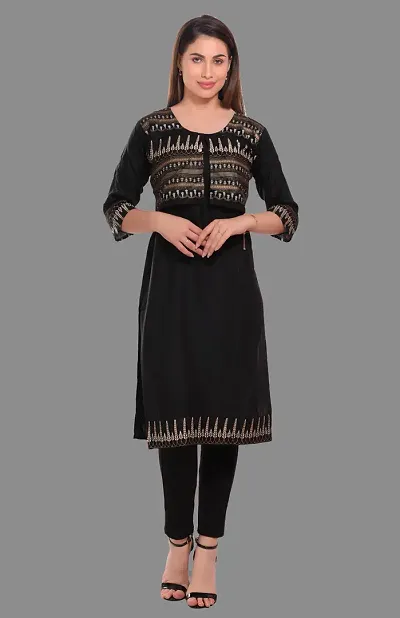 Kritya Women's Foil Print Straight Kurti With Jacket-Black