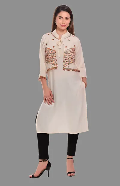 Kritya Women's Embroidered High Neck Straight Kurti With Jacket-Cream