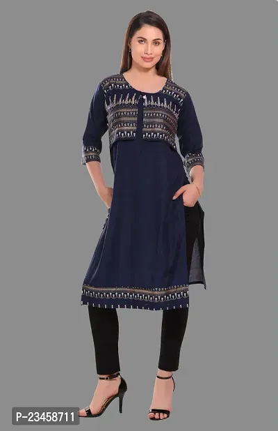 Kritya Women's Foil Print Straight Kurti With Jacket-Navy Blue-thumb4