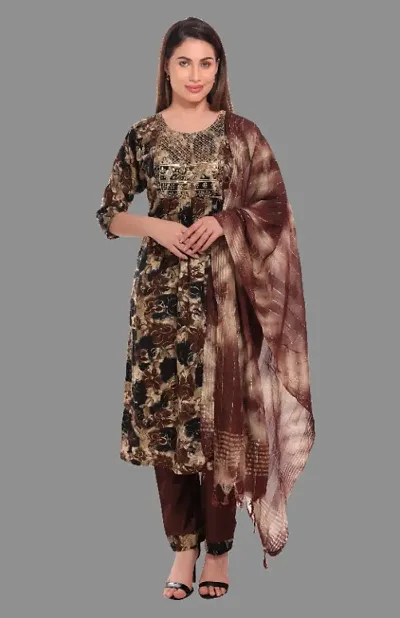 Kritya Womens Nyra Cut Straight Kurta with Pant Dupatta-Brown