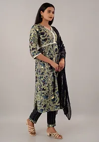 KRITYA Women's Green Chanderi  Alia Cut Embroidered Kurta with Pant and Dupatta Set-thumb1