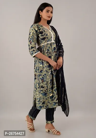 KRITYA Women's Green Chanderi  Alia Cut Embroidered Kurta with Pant and Dupatta Set-thumb2
