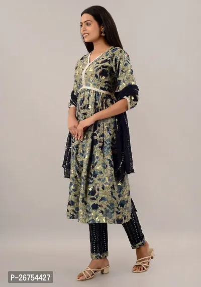 KRITYA Women's Green Chanderi  Alia Cut Embroidered Kurta with Pant and Dupatta Set-thumb3