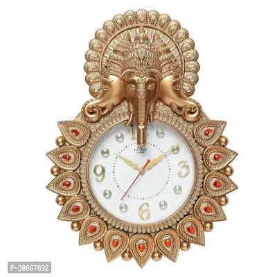 Horo 3 Head Ganesh Idol With Colore Full Stones 12 Inch Wall Clock 3Dnumber Dial Mineral Glass 40X30X5Cm Sweep Movement Golden Color Plastic Case