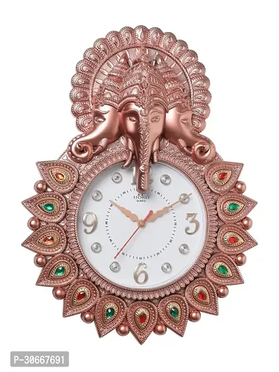 Horo 3 Head Ganesh Idol With Colore Full Stones 12 Inch Wall Clock 3Dnumber Dial Mineral Glass 40X30X5Cm Sweep Movement Pink Gold Color Plastic Case