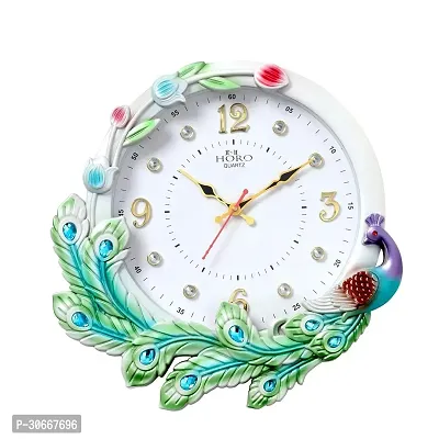 Horo Lovely Peacock Design. Colore Full Stones 14 Inch Wall Clock Number Dial With Stone Mineral Glass 35X35X5Cm Sweep Movement White With Peacock Color Plastic Case