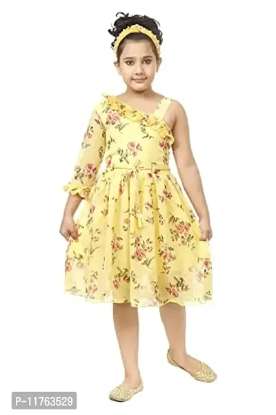 ULTRA TREND Girl's Yellow Cotton One-Shoulder Midi/Knee Length Sleeveless Frock for Party(Festive) Ethinic Wear 5-6 Years-thumb0