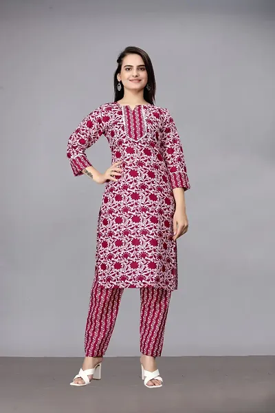 Stylish Cotton Printed A-Line Kurtis With Bottom Set