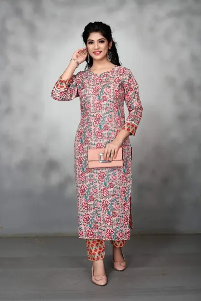 Stylish Cotton Printed A-Line Kurtis With Bottom Set