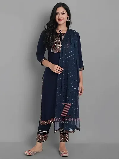 Stylish Rayon Embroidered A-Line Kurtis Bottom And Dupatta Set