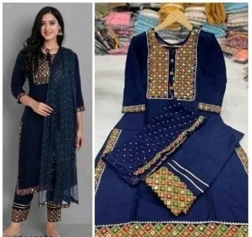 Stylish Rayon Embroidered A-Line Kurtis Bottom And Dupatta Set