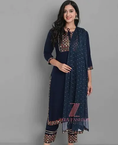 Stylish Rayon Embroidered A-Line Kurtis Bottom And Dupatta Set