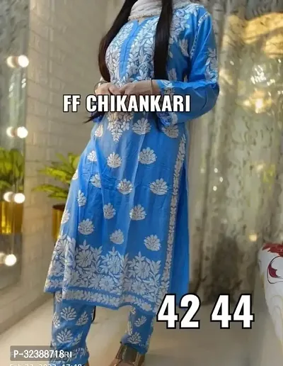 Elegant Rayon Chikankari Kurta with Pant And Dupatta Set For Women