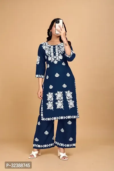 Elegant Rayon Embroidered Kurta with Palazzo Set For Women-thumb0