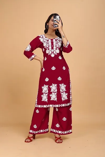 Stylish Rayon Embroidered A-Line Kurtis Bottom Set