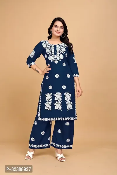 Elegant Rayon Embroidered Kurta with Palazzo Set For Women-thumb0