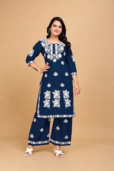 Stylish Rayon Embroidered A-Line Kurtis Bottom Set