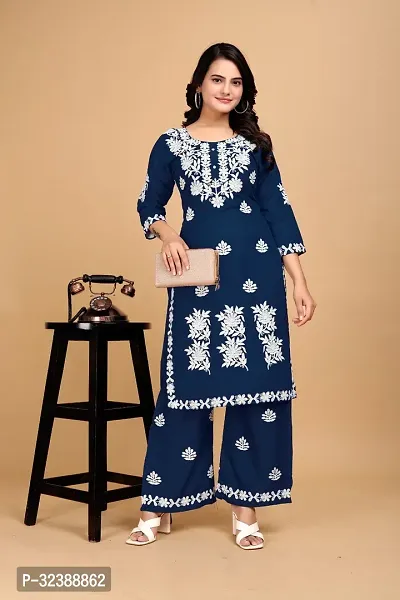 Elegant Rayon Embroidered Kurta with Palazzo Set For Women-thumb0