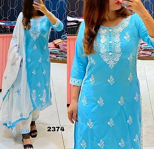 Stylish Rayon Embroidered A-Line Kurtis With Bottom And Dupatta Set