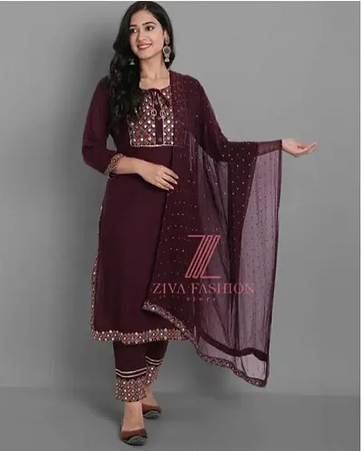 Stylish Rayon Embroidered Kurta Bottom Dupatta Set