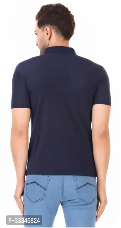 Stylish Navy Blue Cotton Solid Polos T-shirt For Men-thumb2