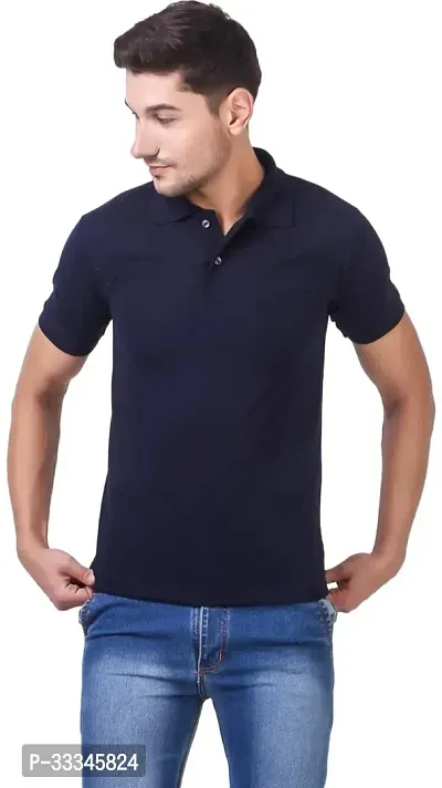 Stylish Navy Blue Cotton Solid Polos T-shirt For Men-thumb0