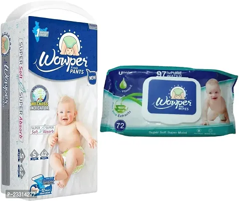 1 Wowper Small Fresh Diaper Pants For Baby Weight 4-8 Kg Pack Of 42 Super Soft, Super Absorb Pants With Wetness Indicator And 1 Wowper Aloe Vera Baby Wipes Pack Of 72 Super Soft Super Moist Wipes-thumb0