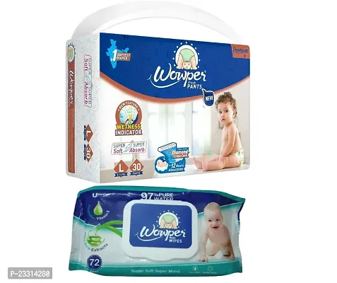 1 Wowper Large Fresh Diaper Pants For Baby Weight 9-14 Kg Pack Of 30 Super Soft, Super Absorb Pants With Wetness Indicator And 1 Wowper Aloe Vera Baby Wipes Pack Of 72 Super Soft, Super Moist Wipes