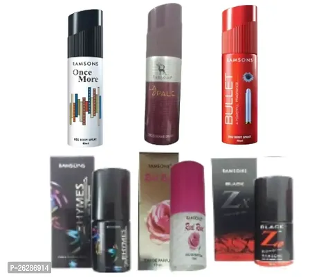 1 RAMSONS ONCE MORE DEO (40ML) + 1 LAOPALE DEO (40ML) + 1 BULLET DEO (40ML) + 1 RAMSONS RHYMES PERFUME (10ML) + 1 REAL ROSE PERFUME (10ML) + 1 BLACK ZX PERFUME (10ML)-thumb0