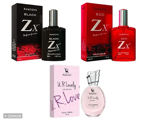 1 RAMSONS BLACK ZX PERFUME (30ML) +1 RAMSONS RED ZX PERFUME (30ML) + 1 RAMSONS U R LOVELY PERFUME (30ML)