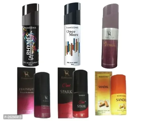 1 RAMSONS RHYMES DEO (40ML) + 1 ONCE MORE DEO (40ML) + 1 LAOPALE DEO (40ML) + 1 RAMSONS MIDNIGHT PERFUME (10ML) + 1 COOL SPARK PERFUME (10ML) + 1 SANDAL PERFUME (10ML)-thumb0