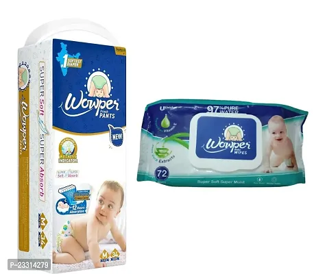 1 Wowper Medium Fresh Diaper Pants For Baby Weight 7-12 Kg Pack Of 34 Super Soft , Super Absorb Pants With Wetness Indicator And 1 Wowper Aloe Vera Baby Wipes Pack Of 72 Supersoft, Super Moist Wipes