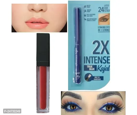 1 MATTE ME ULTRA SMOOTH PEACH LIP COLOR + 24 HRS LASTING 2X INTENES BLUE WATERPROOF KAJAL