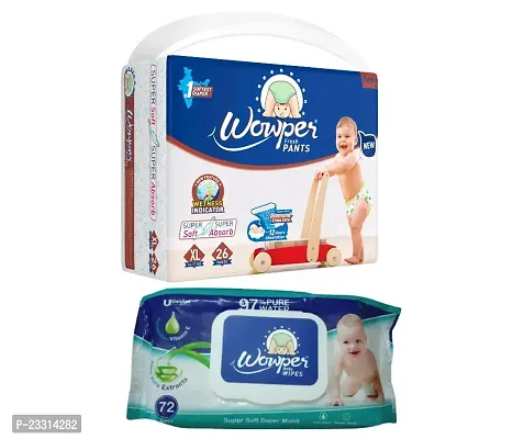 1 Wowper Xl Fresh Diaper Pants For Baby Weight 14-17 Kg Pack Of 26 Super Soft, Super Absorb Pants With Wetness Indicator And 1 Wowper Aloe Vera Baby Wipes Pack Of 72 Super Soft, Super Moist Wipes