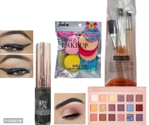 1 HN BLACK EYELINER +18 SHADE EYESHADOW PALATTE + 1 MAKEUP BRUSH SET + 1 PACK MAKEUP SPONGE SET-thumb0