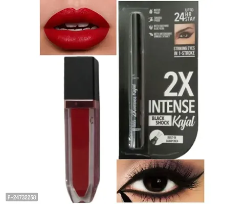 1 VELVET SMOOTH NON TRANSFER RED MATTE LIP GLOSS + 24 HRS LASTING 2X INTENSE BLACK WATERPROOF KAJAL