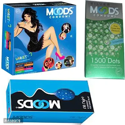 1 MOODS SILVER 1500 DOTS SCENTED CONDOMS (12 SCENTED CONDOMS WITH 5 TIME MORE DOTS FOR MORE PLEASURE )+1 MOODS ALL NIGHT CONDOMS FOR CLIMAX DELAY 12 PCS +1 MOODS VARIETY PACK CONDOMS (PACK OF 8 VARIE