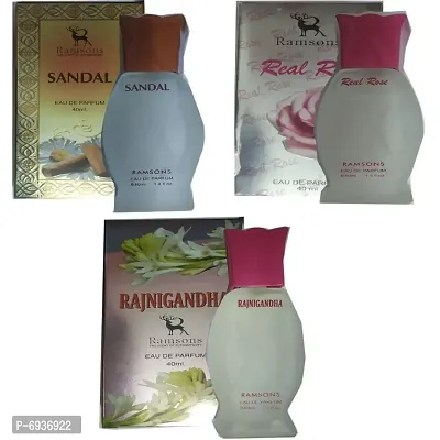 1 RAMSONS SANDAL PERFUME 40 ML+ 1 RAMSONS RAJNIGANDHA PERFUME 40 ML+ 1 RAMSONS REAL ROSE PERFUME 40 ML