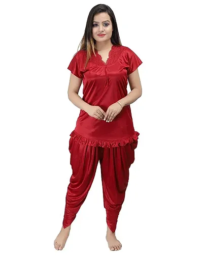 Attractive Satin Self Pattern Top with Patiala Pant Set For Women