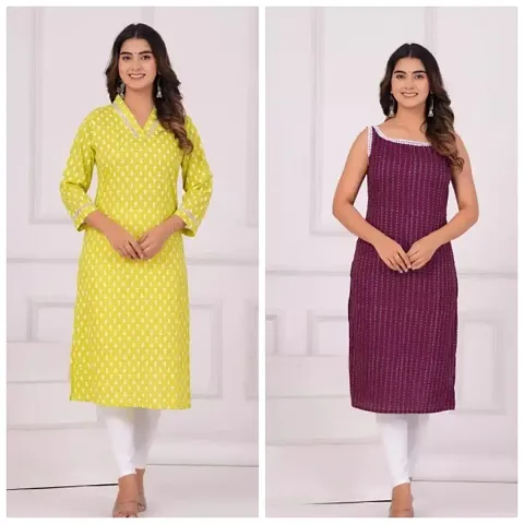 Stylish Cotton Straight Printed Kurti - Pack Of 2